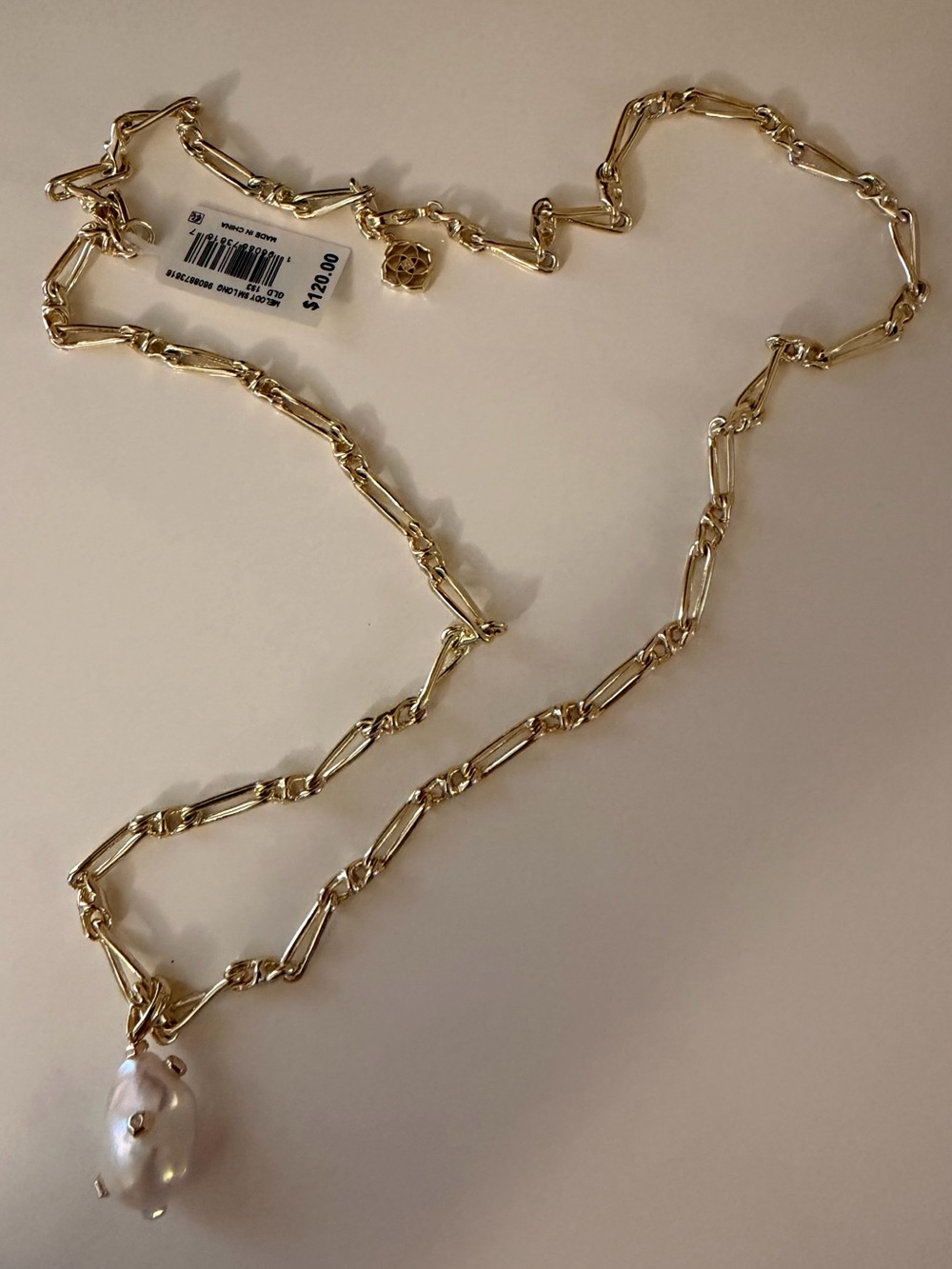 NWT Kendra Scott Melody Pearl White CZ Long Pendant in Gold